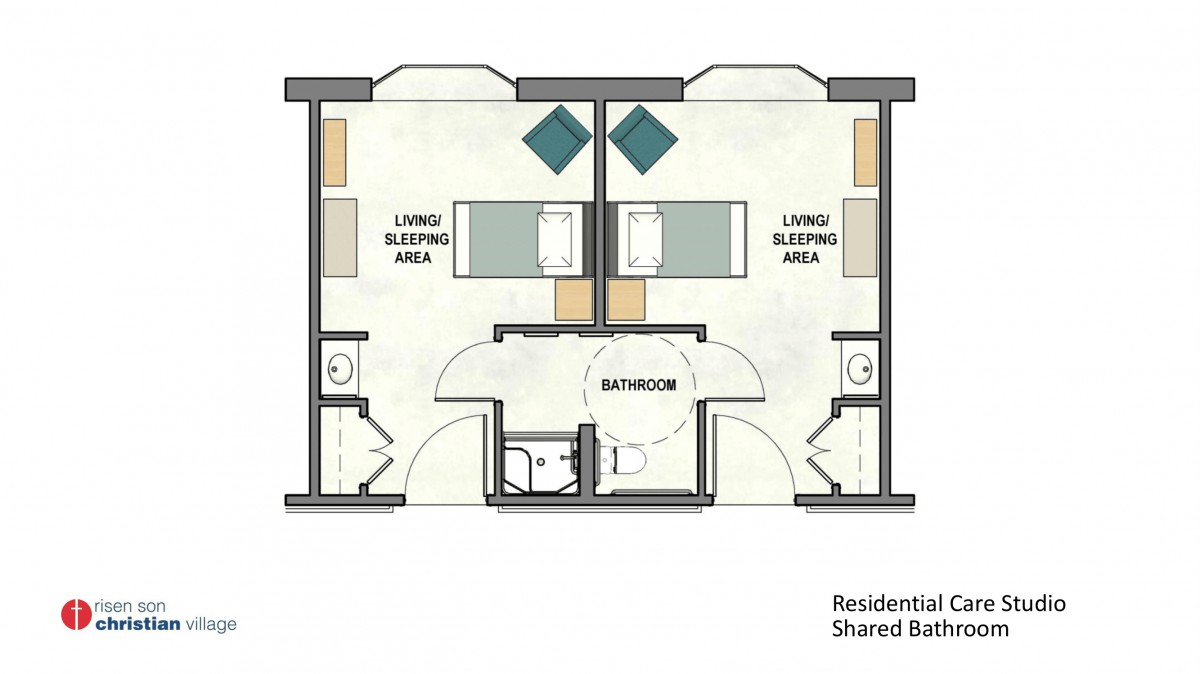 A floor plan of a residential dormitory with two living/sleeping areas and a shared bathroom.