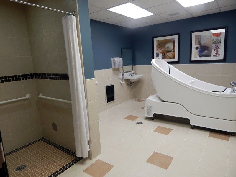 An accessible bathroom in a healthcare facility featuring a shower and specialized bathtub.