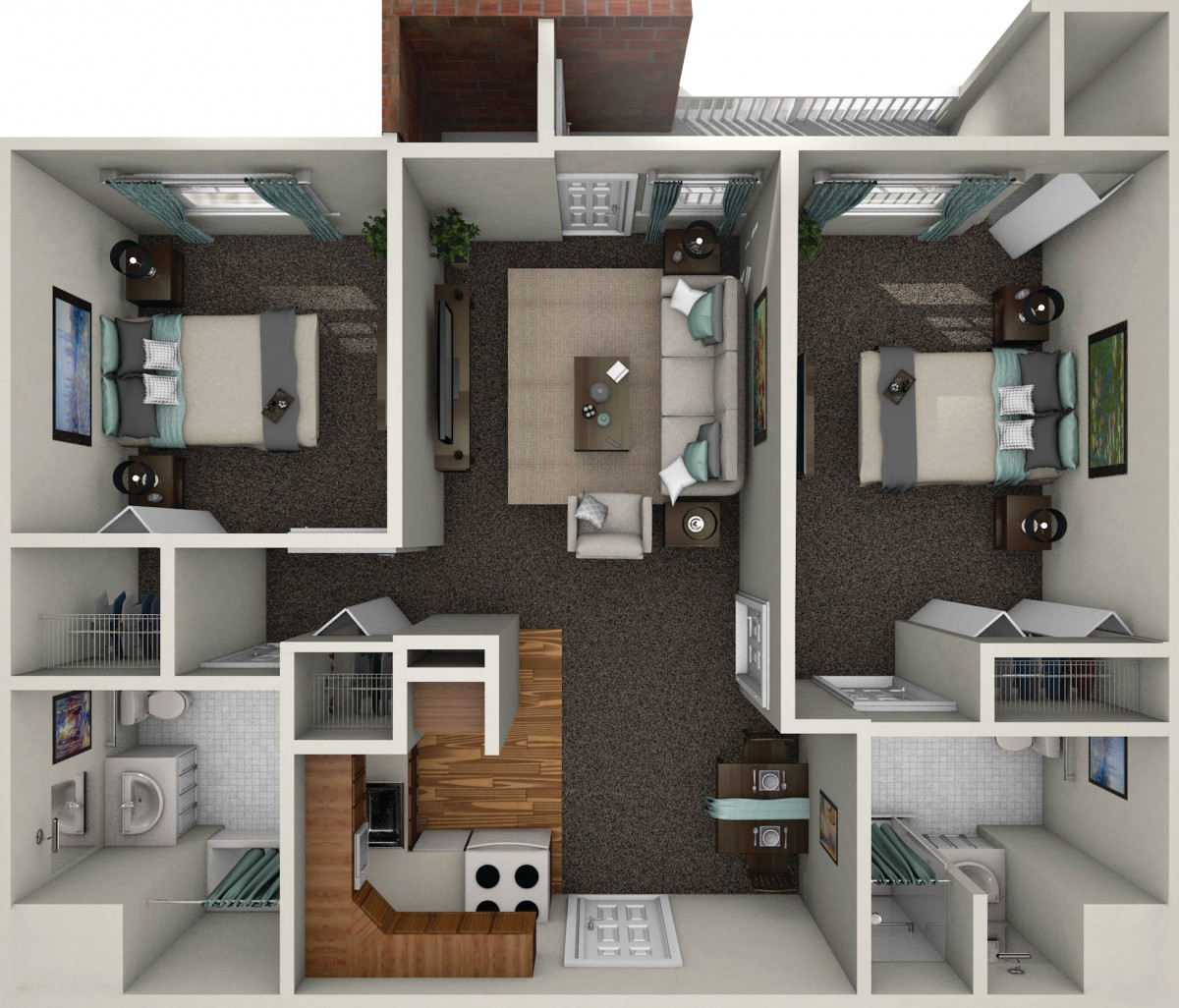 A detailed 3D floor plan of a modern apartment with two bedrooms, a living area, kitchen, and bathrooms.