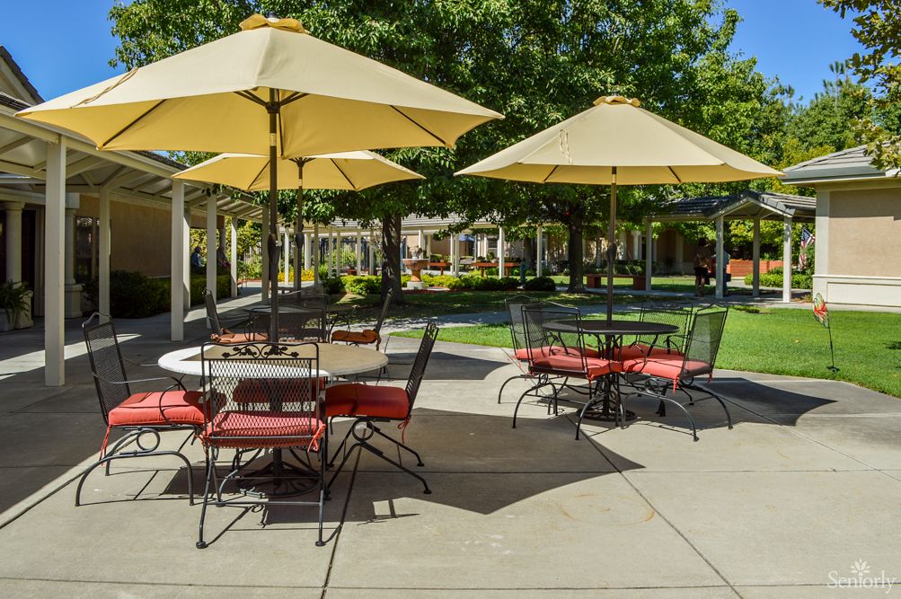 A sunny outdoor patio area with tables, chairs, and large umbrellas set in a garden.