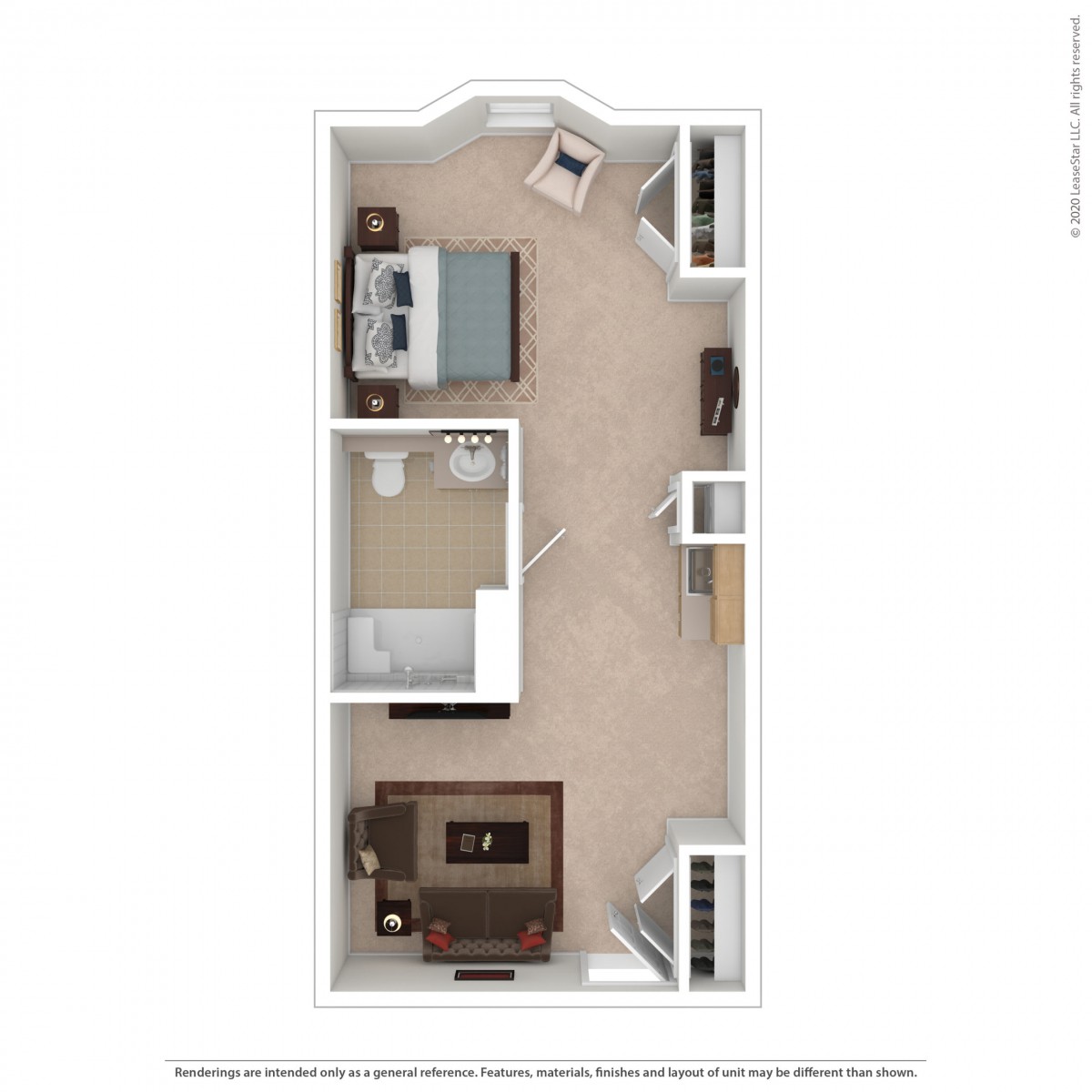 A simple floor plan layout of an apartment with a bedroom, living room, and furniture setup.