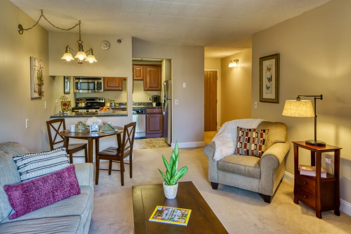 A cozy and modern apartment living room with a view into an open kitchen and dining area.
