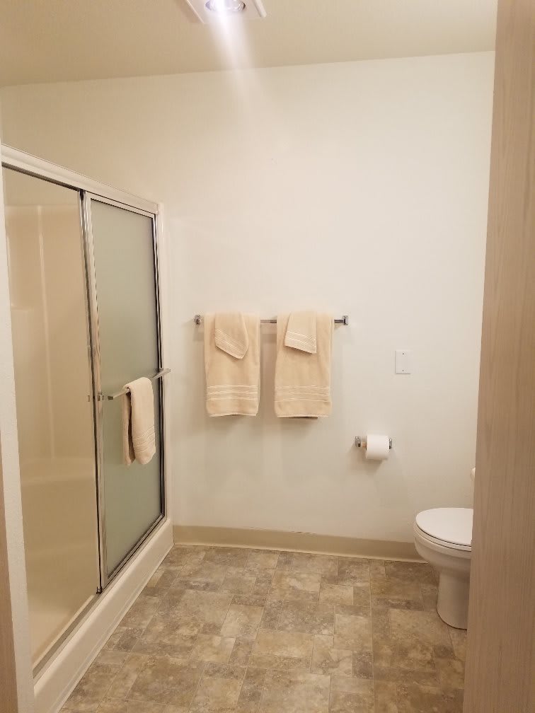 A clean and simple bathroom with a shower, towels, and toilet.