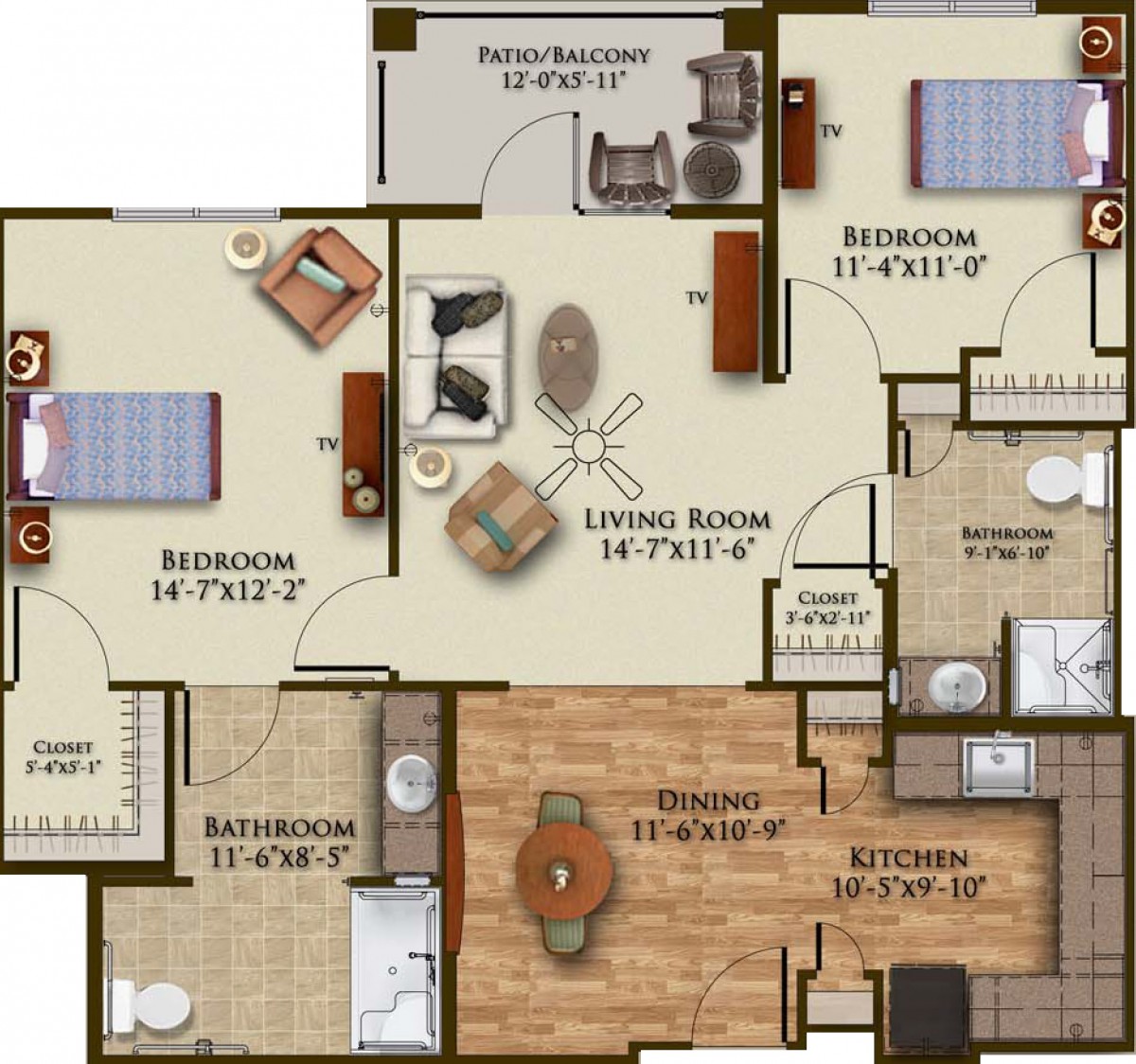 A floor plan of a three-bedroom apartment with a living room, kitchen, and bathrooms.