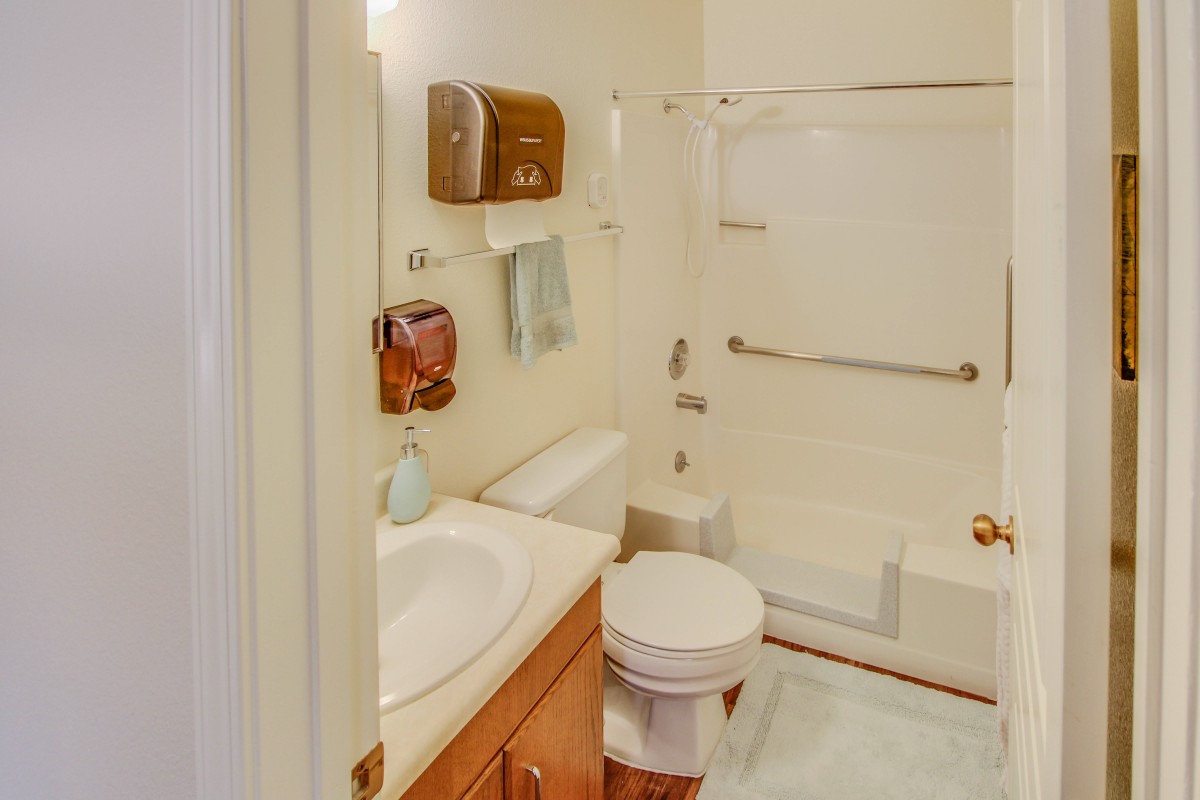 A well-organized bathroom with a sink, toilet, and shower area equipped with handrails.