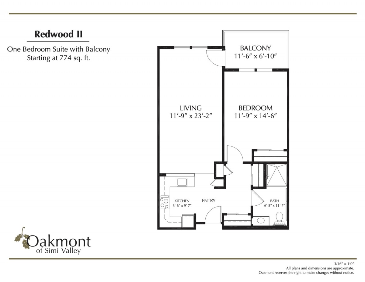 Floor plan of Redwood II, a one-bedroom suite with balcony, covering 770 sq. ft.
