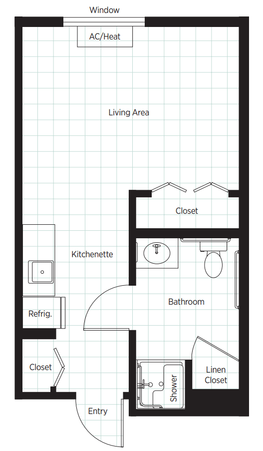 A compact apartment floor plan with a living area, kitchenette, bathroom, and closet.
