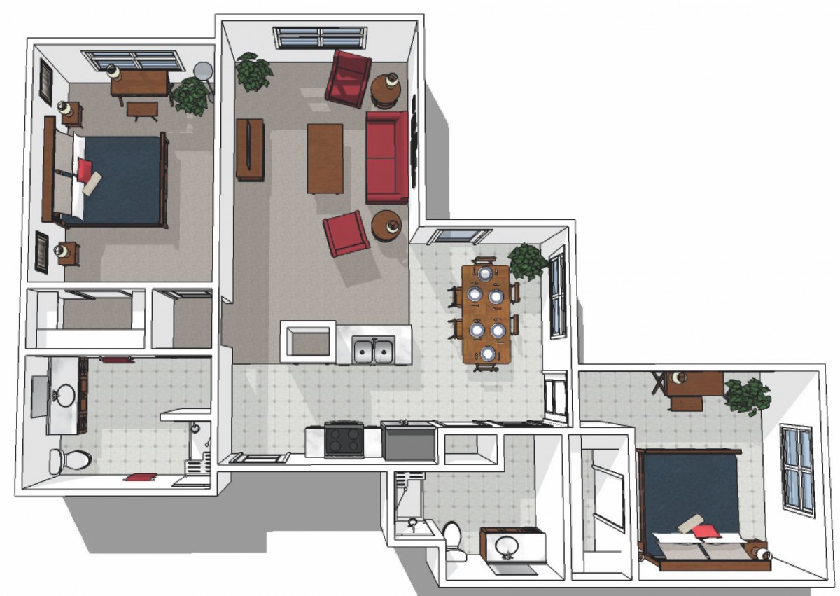 A detailed floor plan of an apartment showcasing the layout of rooms and furniture arrangement.