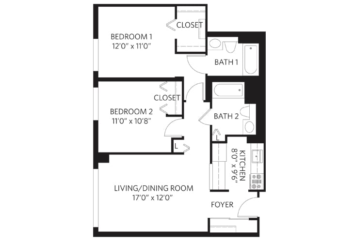 A floor plan of a two-bedroom apartment with living/dining area, kitchen, and two bathrooms.