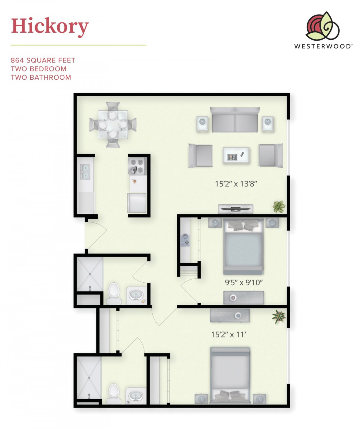 A 2-bedroom apartment floor plan featuring a living room, kitchen, and dining area.