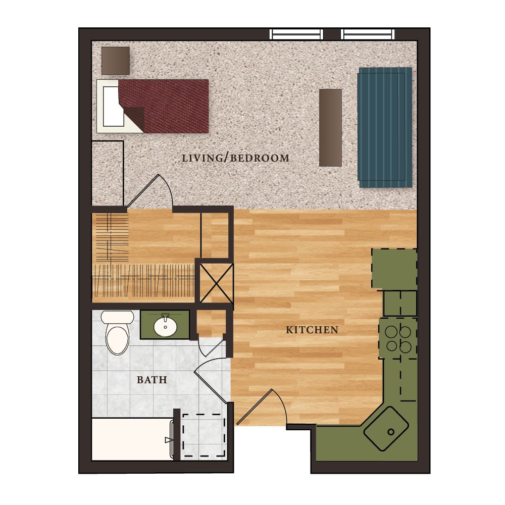 A floor plan of a small apartment featuring a living/bedroom area, bathroom, and kitchen.