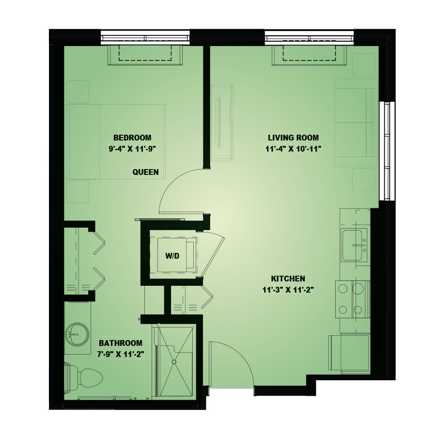 A floor plan of an apartment featuring a living room, kitchen, bedroom, and bathroom.
