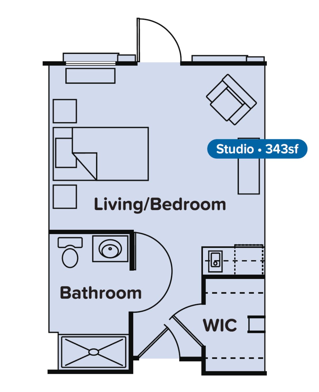 Floor plan of a studio apartment measuring 343 square feet.