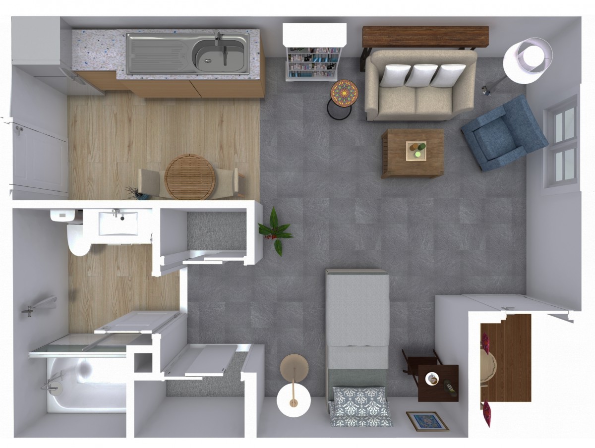A top-down view of a modern apartment floor plan featuring a bedroom, living room, kitchen, and bathroom.