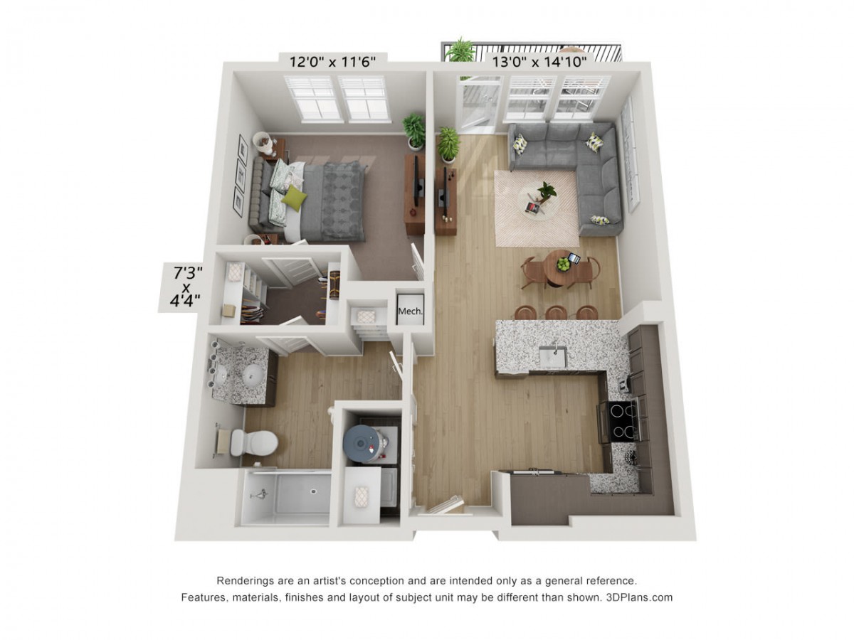 3D floor plan of a one-bedroom apartment with labeled dimensions.