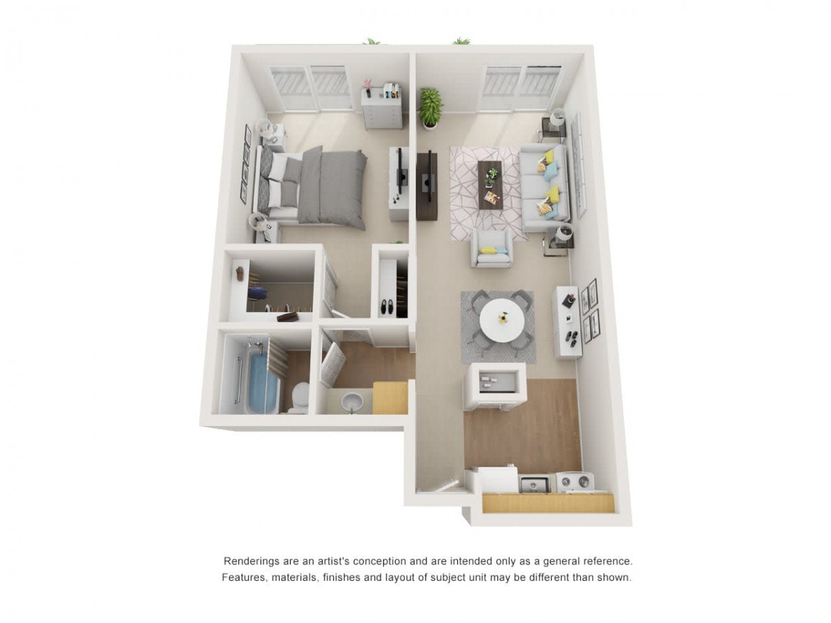A 3D floor plan of a one-bedroom apartment featuring a living room, kitchen, and bathroom.