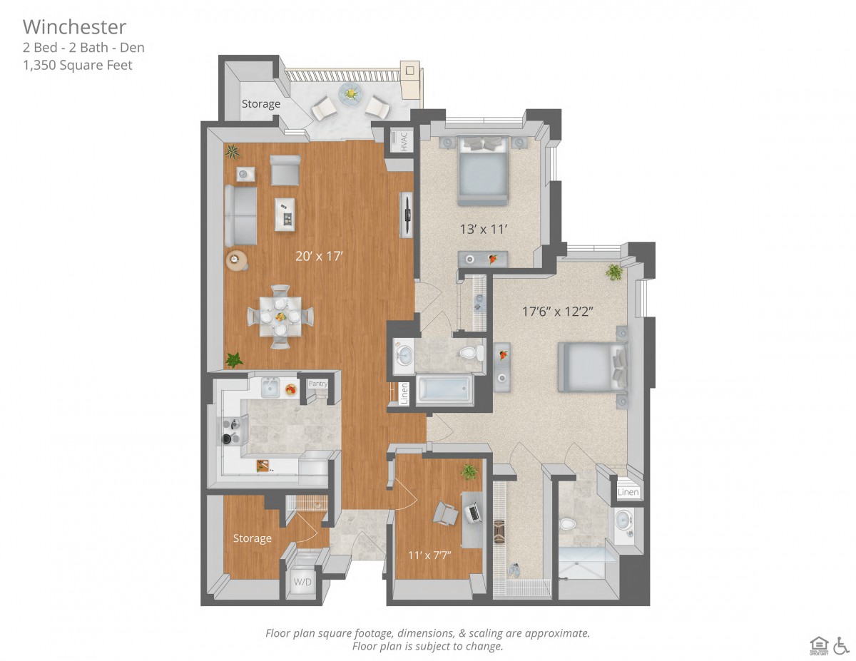 A 3D floor plan of a modern apartment showing the layout of rooms and living spaces.