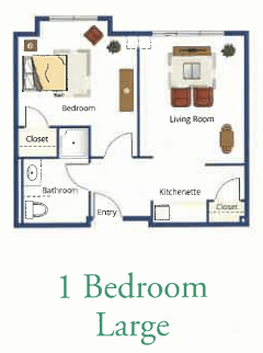 A floor plan of a one-bedroom apartment showing the living room, kitchen, bathroom, and closets.
