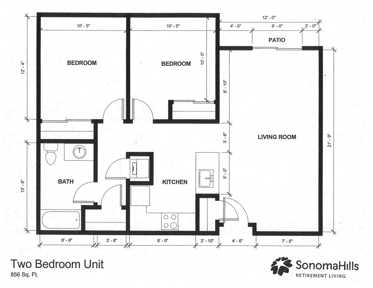 A floor plan layout of a two-bedroom apartment.