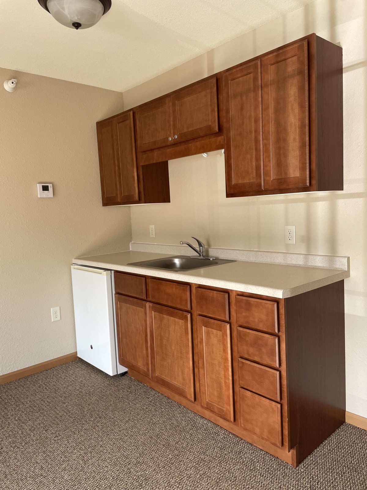 A compact kitchen area featuring wooden cabinets, a countertop with a sink, and a small refrigerator.