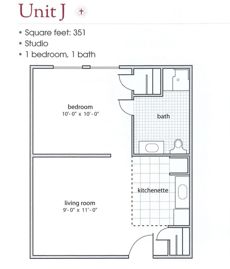 Floor plan of a studio apartment featuring one bedroom and one bathroom.
