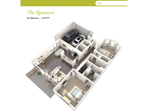 3D floor plan of a two-bedroom house featuring a garage and open living spaces.