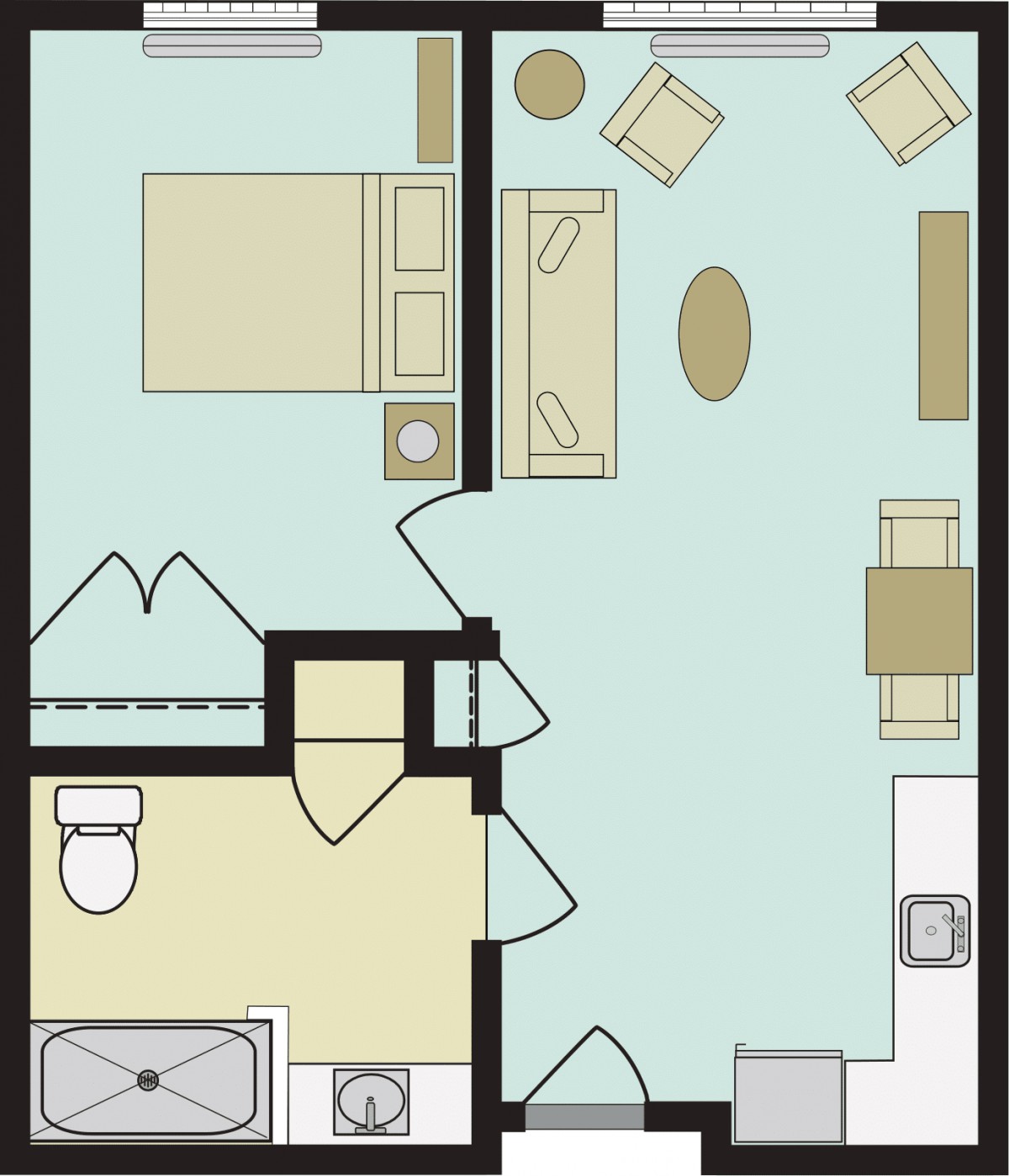 An apartment floor plan featuring a bedroom, living area, kitchen, and bathroom.