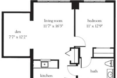A floor plan showing the layout of an apartment with labeled rooms including a living room, bedroom, kitchen, and bathroom.