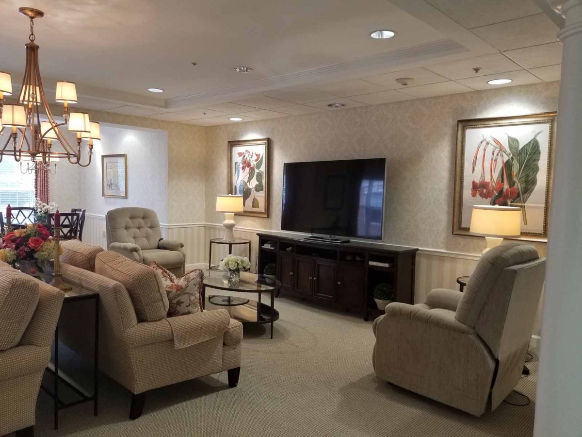 A cozy living room with comfortable seating, a large television, and elegant decor.