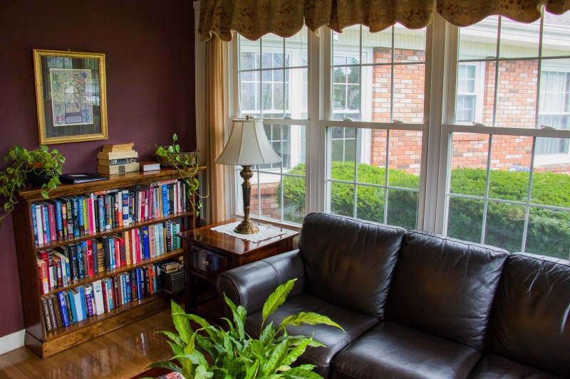 A cozy living room with a leather sofa, bookshelf, and large windows letting in natural light.