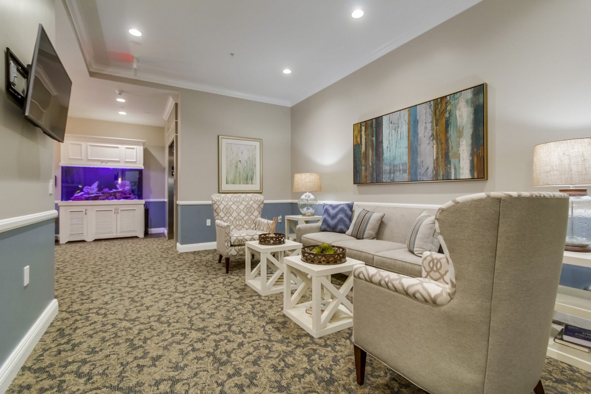 A modern living room with comfortable seating and stylish decor.