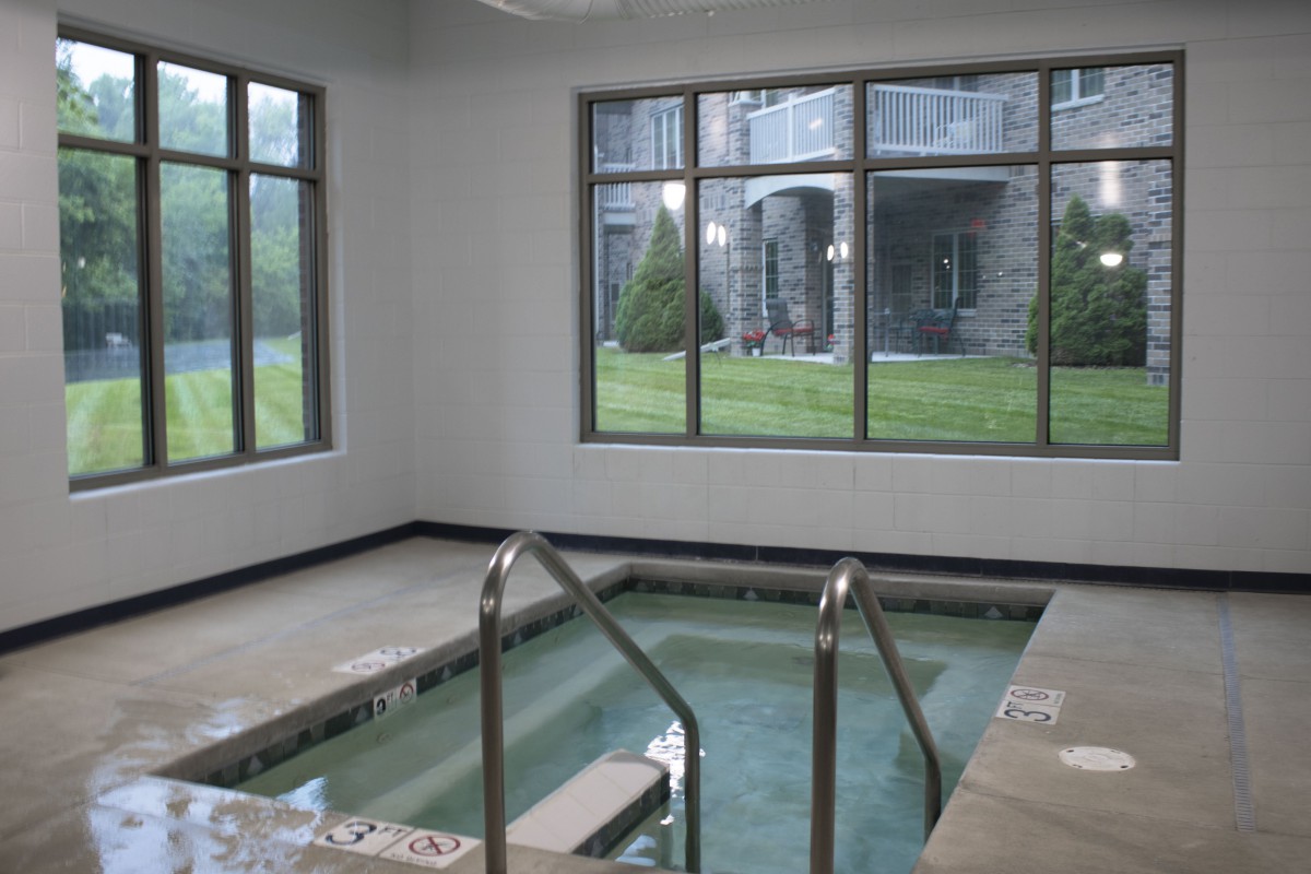 A luxurious indoor jacuzzi surrounded by large windows overlooking a garden.