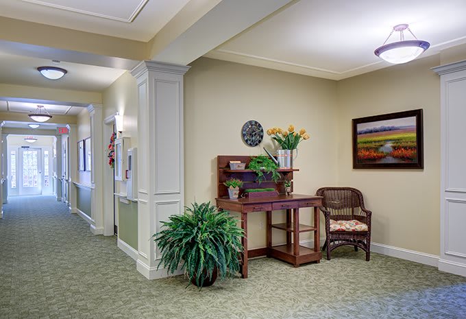 A decorated hallway with a small desk, chair, plants, and artwork on the wall.