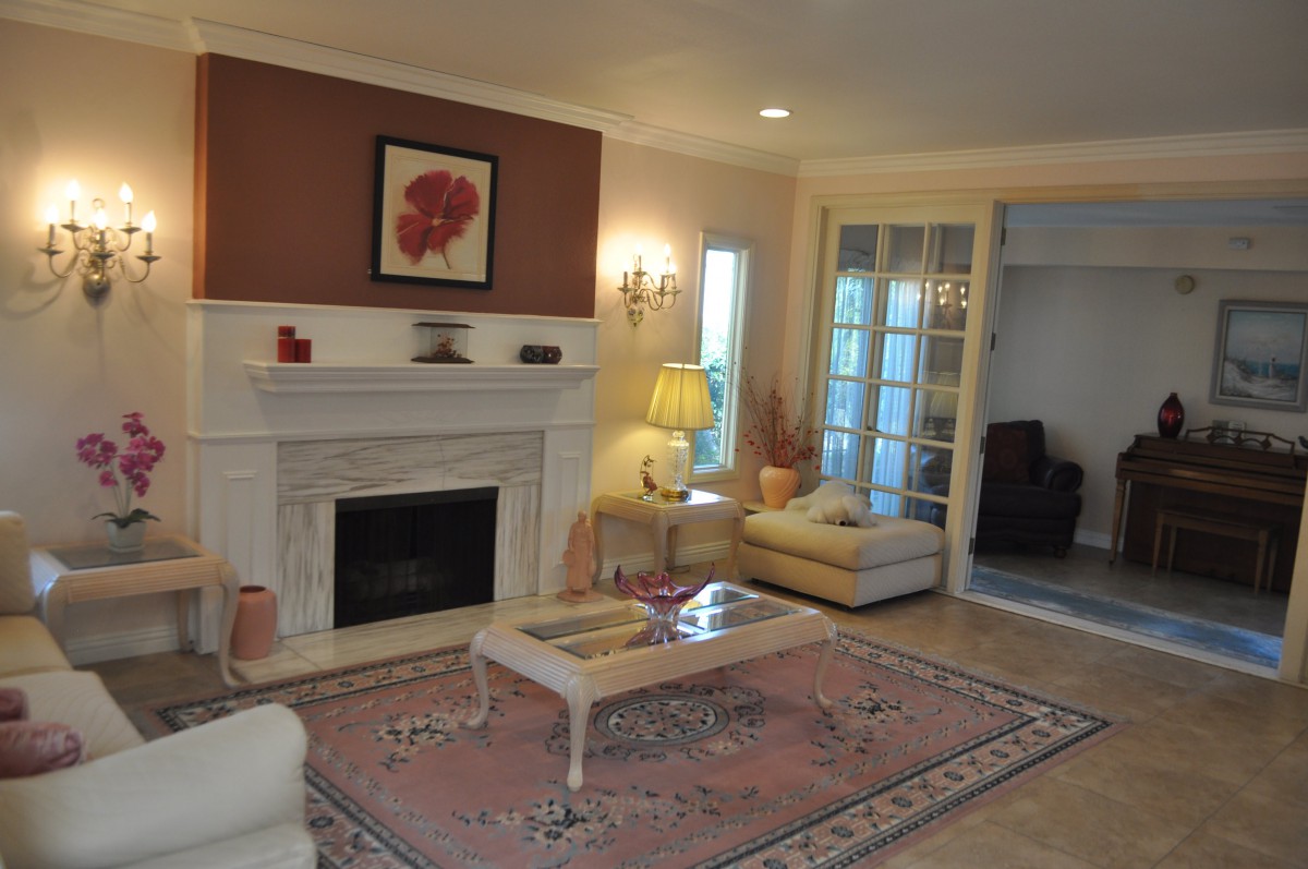 A cozy living room featuring a fireplace, elegant sofa, and a decorative rug.