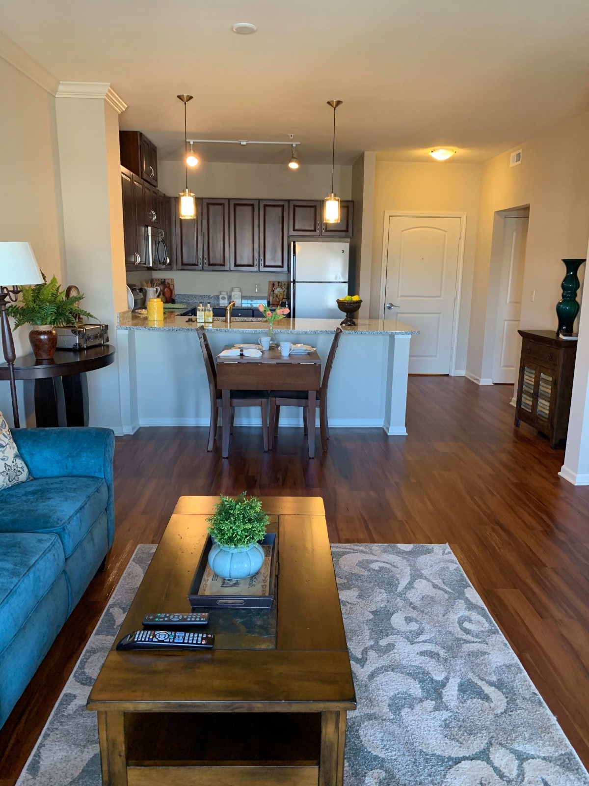 A cozy open-concept living room and kitchen space with modern decor and hardwood floors.