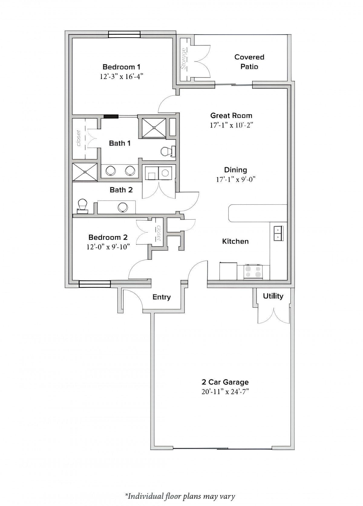 A detailed floor plan showing the layout of a house, featuring bedrooms, bathrooms, a kitchen, dining area, great room, and a two-car garage.