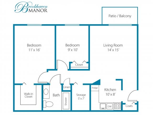 A floor plan of Brookhaven Manor apartment showing two bedrooms, a living room, a kitchen, and a balcony.