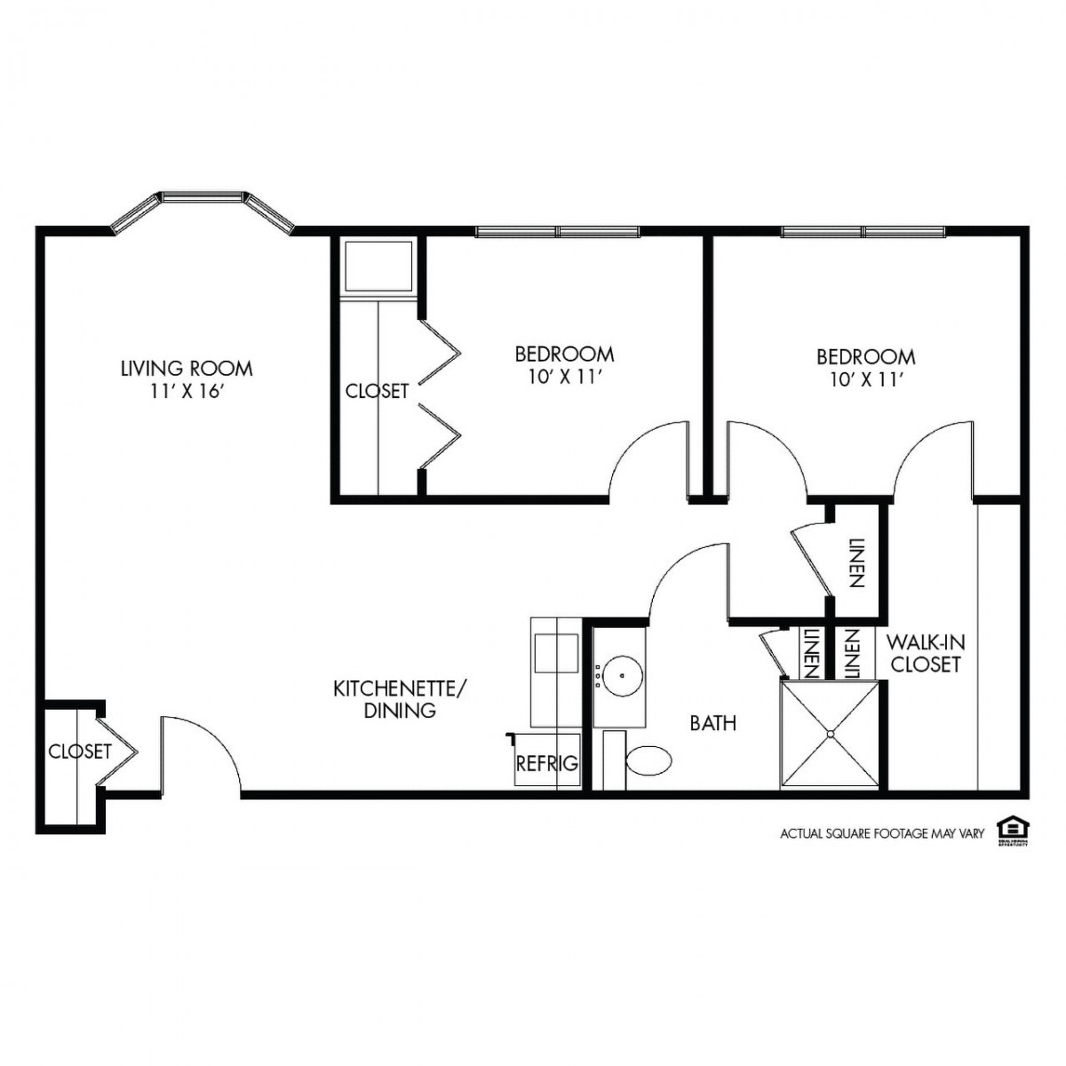 A detailed floor plan of a two-bedroom apartment with labeled rooms and dimensions.