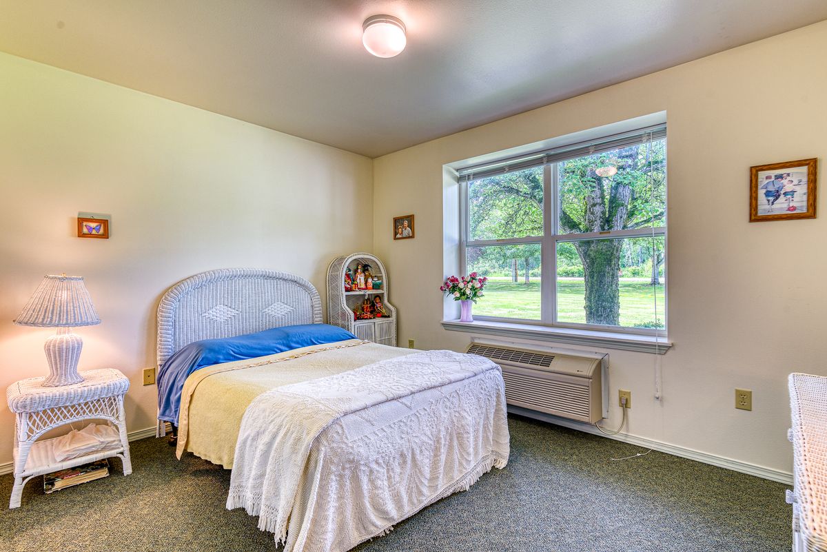 A cozy, minimalist bedroom with a large window allowing natural light to fill the space.