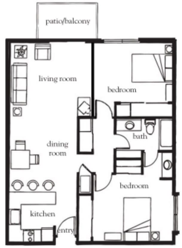 A floor plan showing an apartment layout with a living room, dining room, two bedrooms, and a bathroom.