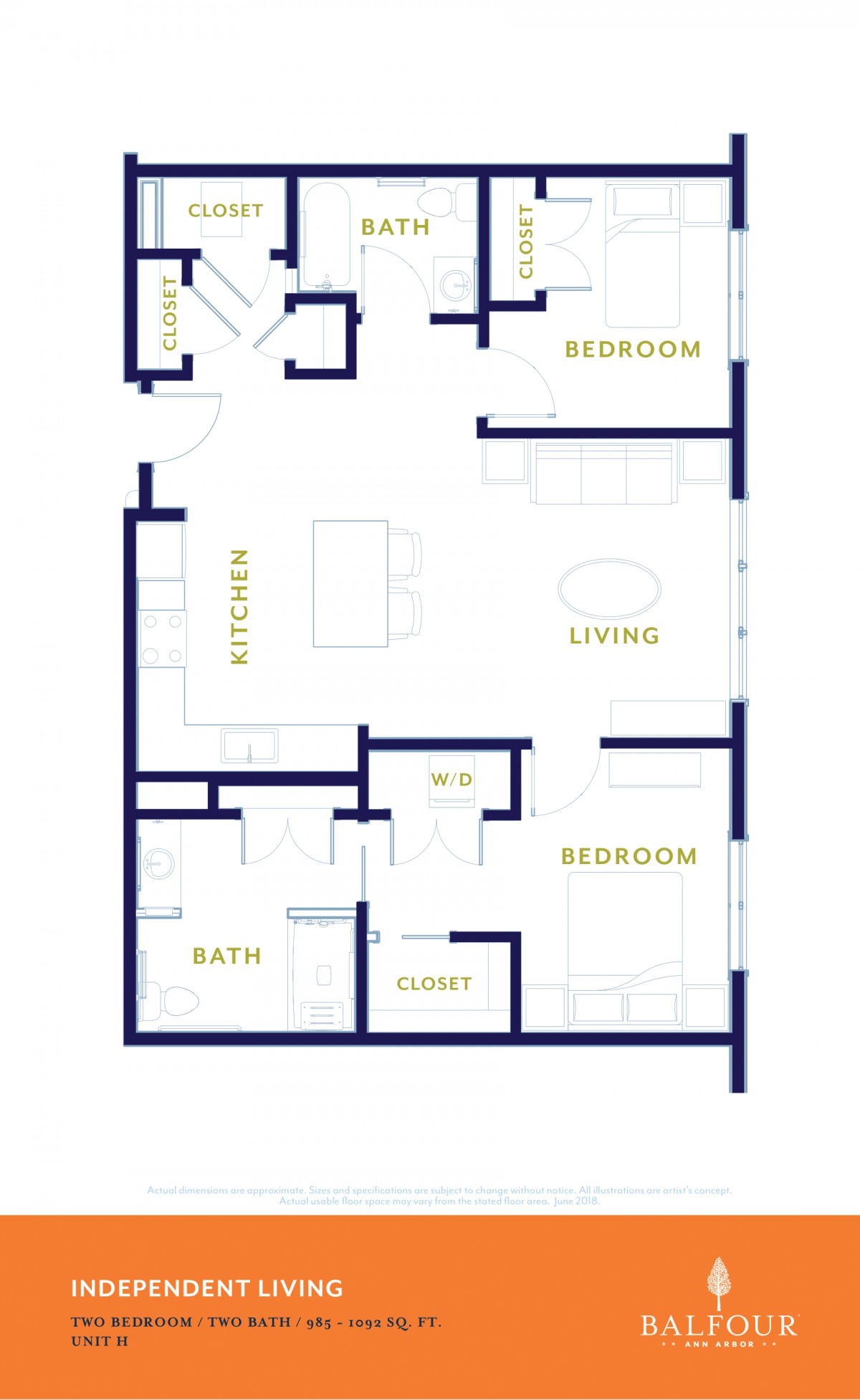 A floor plan of an apartment showing the layout of rooms including two bedrooms, a kitchen, a living area, and a bathroom.