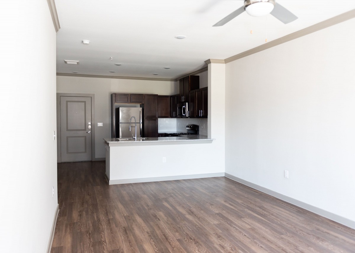 Modern apartment with an open-plan kitchen and living area featuring wood flooring.