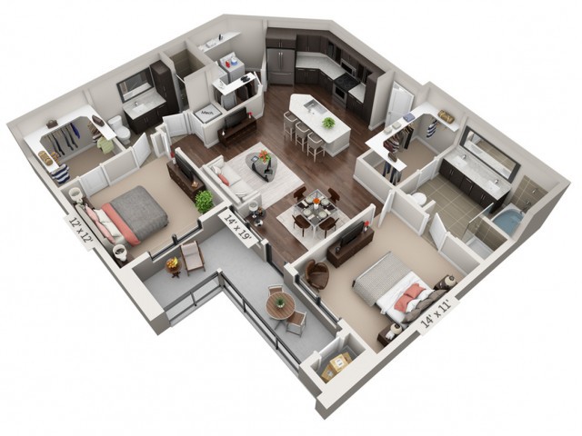 A 3D rendered floor plan of an apartment featuring two bedrooms, a kitchen, a living room, and two bathrooms.