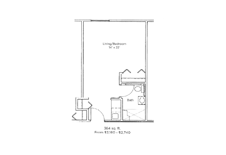 A minimalist floor plan of an apartment featuring a living room, kitchen, and bathroom.