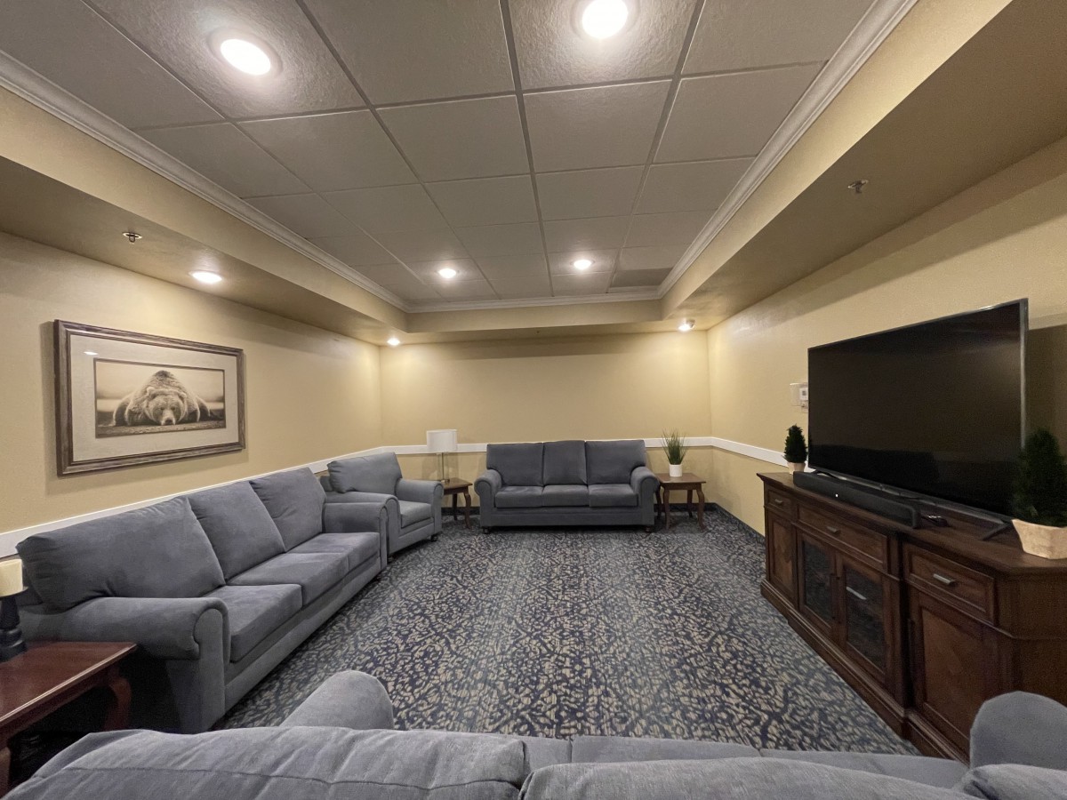 A cozy living room with comfortable sofas, a large television, and soft lighting.