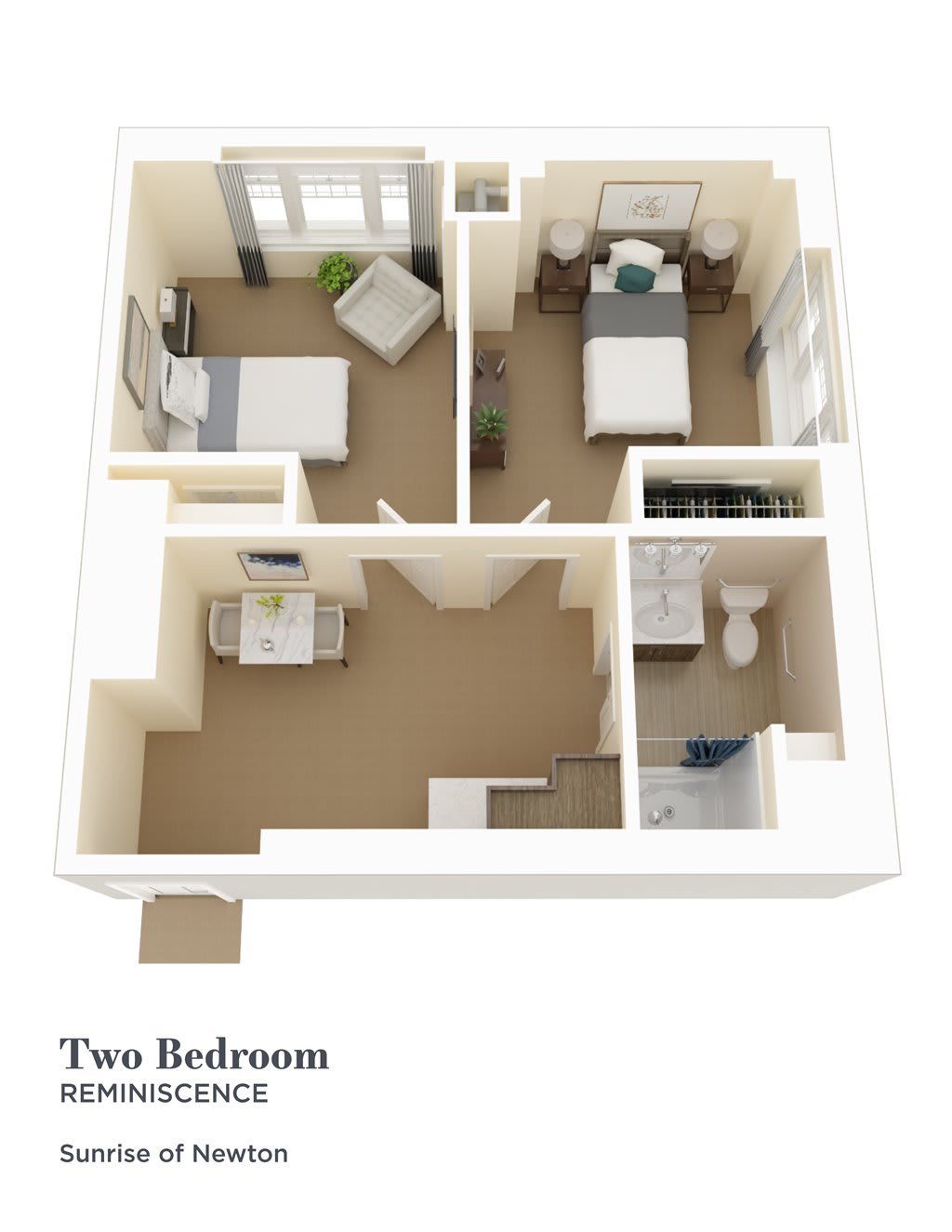 3D floor plan of a two-bedroom apartment.