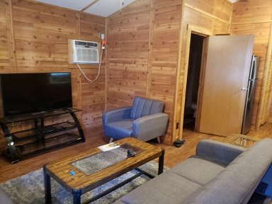 A cozy living room with wooden walls, featuring a sofa, an armchair, a television, and an air conditioner.