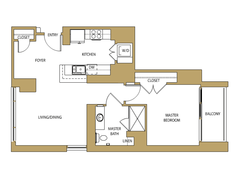 A floor plan of a one-bedroom apartment featuring a living room, kitchen, bathroom, and master bedroom.