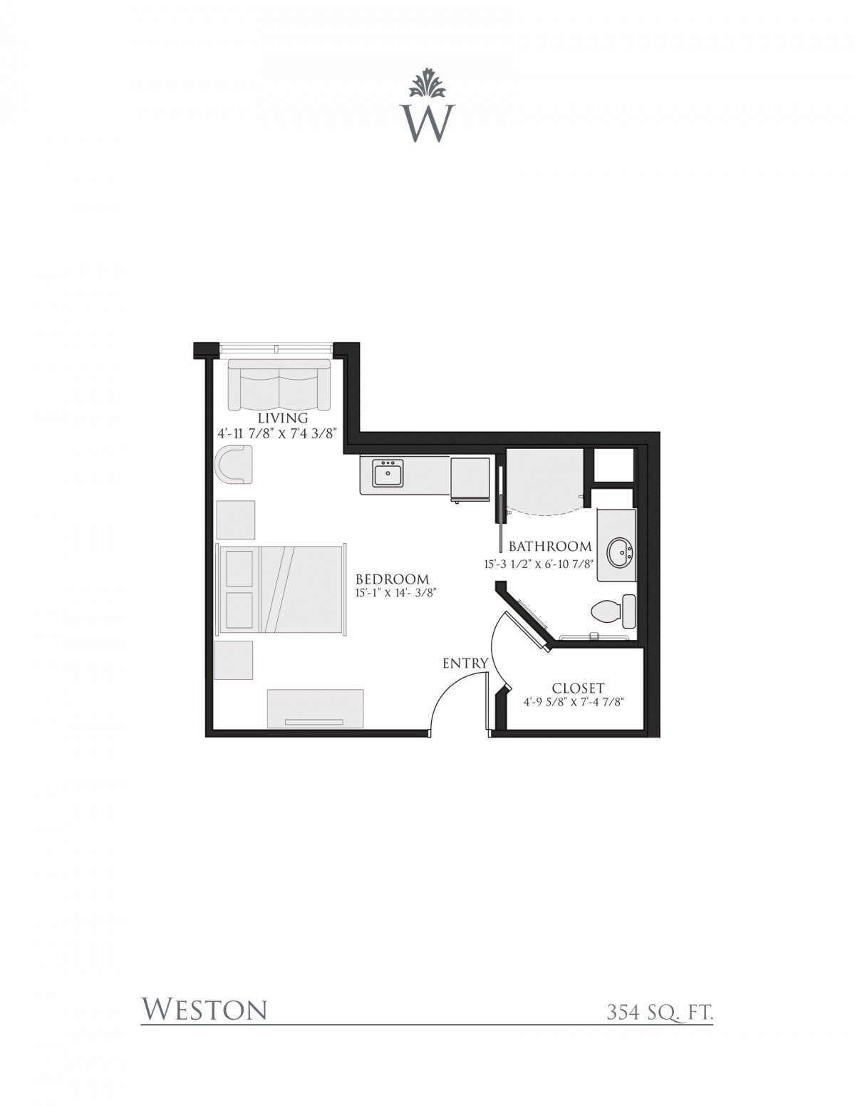 Studio apartment floor plan with designated areas for living, sleeping, and cooking.