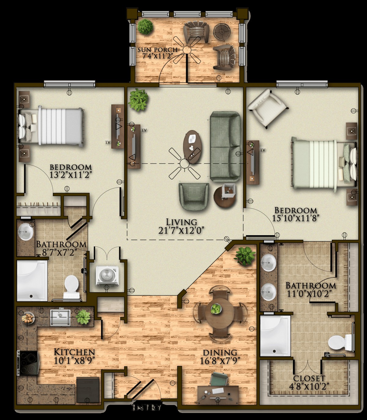 A detailed floor plan of a modern apartment with two bedrooms, a living room, kitchen, and bathrooms.